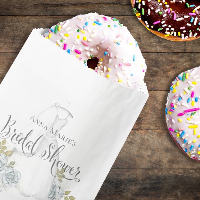 Bridal Shower Dusty Blue Floral Wedding Dress Favour Bag (Classic wedding bridal shower favor bag with stylish calligraphy script. )