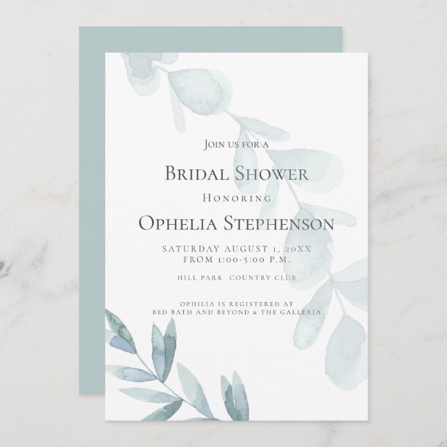 BRIDAL SHOWER | Dusty Blue Watercolor Eucalyptus Invitation (Front/Back)