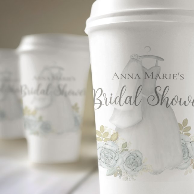 Bridal Shower Dusty Blue Wedding Dress Floral Rose Paper Cups (Elegant bridal shower paper cup with watercolor blue roses and beautiful wedding dress)