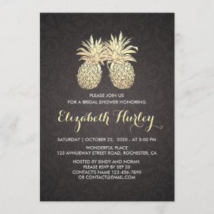 Bridal Shower Elegant Black Gold Pineapple Couple Invitation