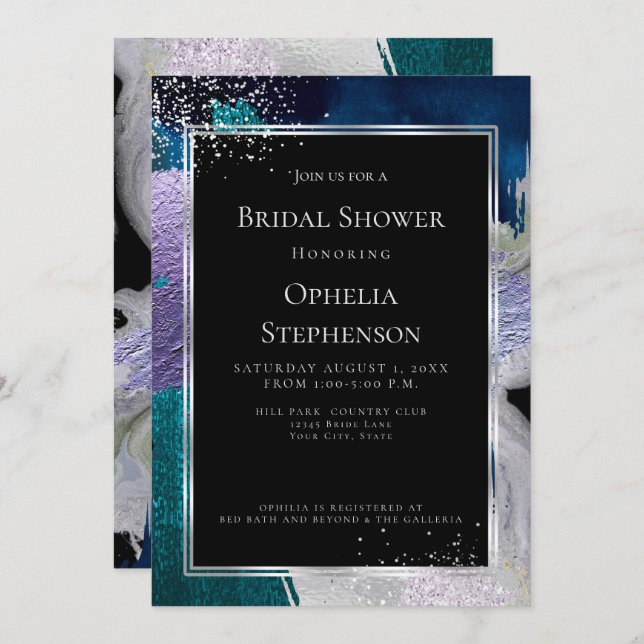 BRIDAL SHOWER | Elegant Bold Teal Lilac Abstract Invitation (Front/Back)
