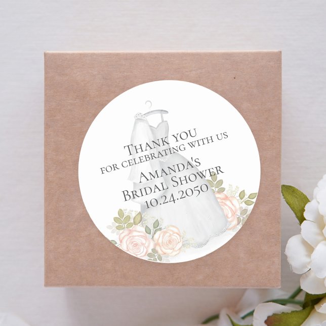 Bridal Shower Elegant Floral Wedding Gown Chic Classic Round Sticker (Creator Uploaded)