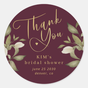 Bridal shower elegant gold burgundy thank you classic round sticker
