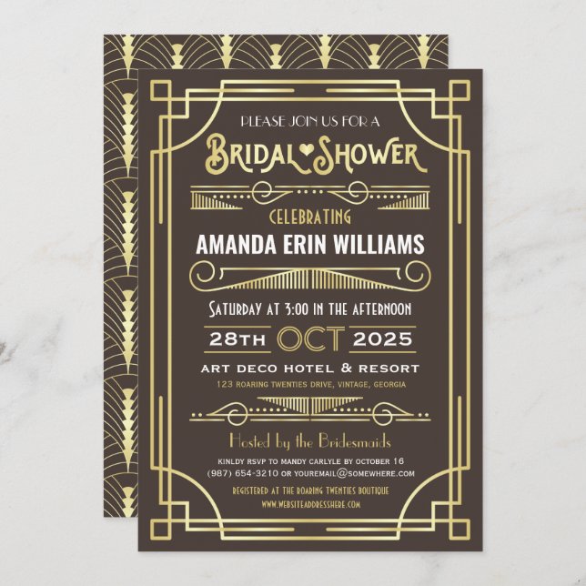 Bridal Shower Elegant Gold Chocolate Art Deco Invitation (Front/Back)