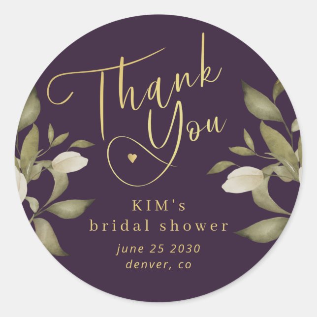 Bridal shower elegant gold purple thank you classic round sticker (Front)