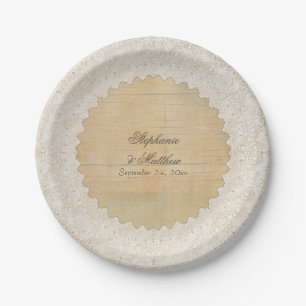 Bridal Shower Elegant Rustic Bohemian Lace n Wood Paper Plate