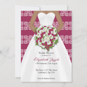 Bridal Shower Elegant Wedding Dress Cerise Flowers Invitation