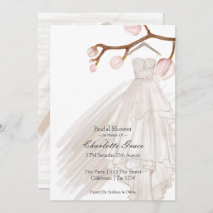 Bridal Shower Elegant Wedding Dress Pink Flowers Invitation