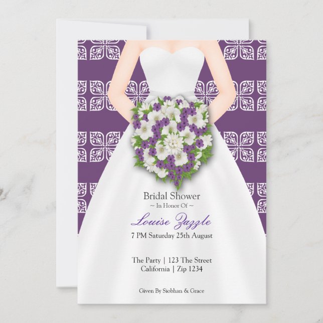 Bridal Shower Elegant Wedding Dress Purple Flowers Invitation (Front)