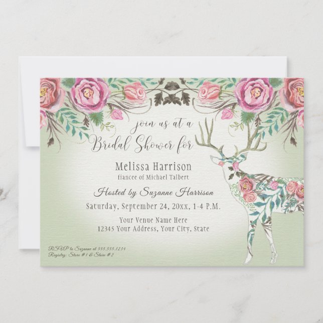 Bridal Shower Elegant Wild Rose Floral Deer Antler Invitation (Front)