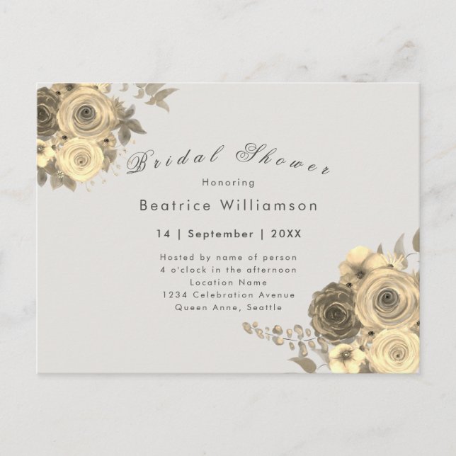 Bridal shower elegant yellow rose grey invitation postcard (Front)