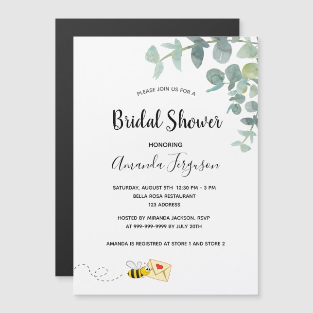 Bridal Shower eucalyptus bee white elegant Magnetic Invitation (Front/Back)