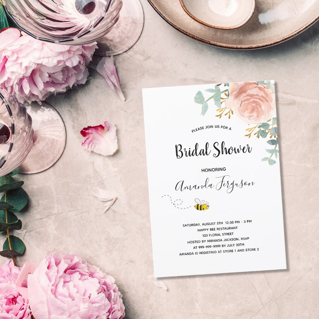 Bridal Shower eucalyptus floral rose gold bee Invitation Postcard (Creator Uploaded)