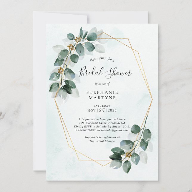 Bridal Shower Eucalyptus Geometric Watercolor Invitation (Front)