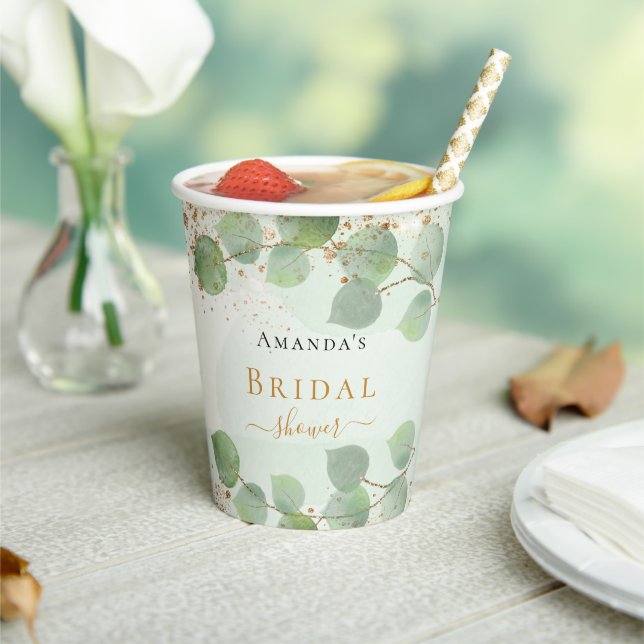 Bridal shower eucalyptus glitter gold monogram paper cups (Insitu)