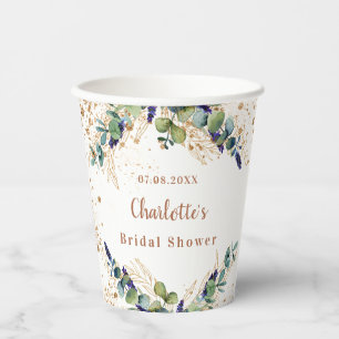Bridal shower eucalyptus greenery glitter monogram paper cups