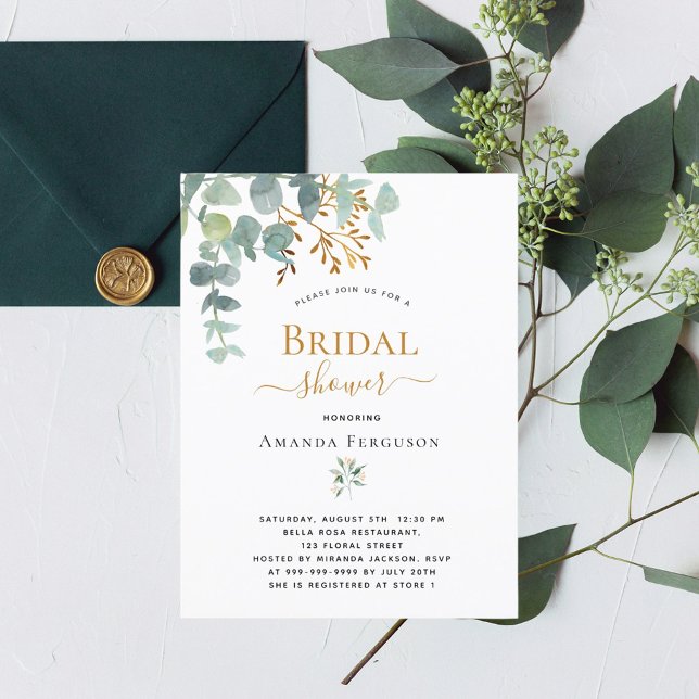 Bridal shower eucalyptus greenery gold elegant postcard (Creator Uploaded)