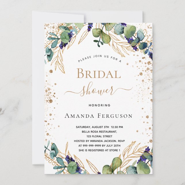 Bridal Shower eucalyptus greenery gold glitter Invitation (Front)