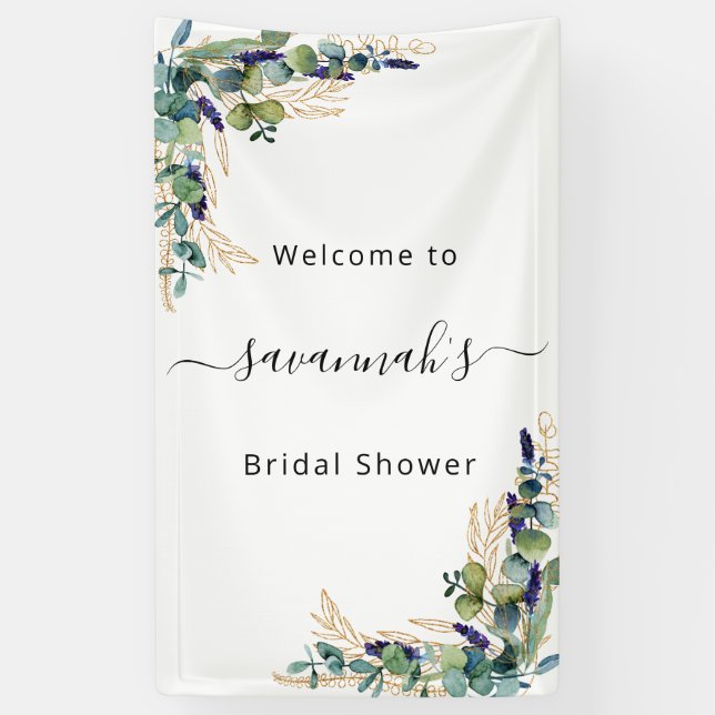 Bridal shower eucalyptus greenery gold monogram banner (Vertical)
