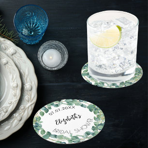 Bridal Shower eucalyptus greenery wreath Round Paper Coaster