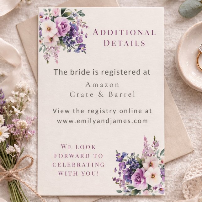 Bridal Shower Event Details Romantic Purple Floral Enclosure Card (Creator Uploaded)