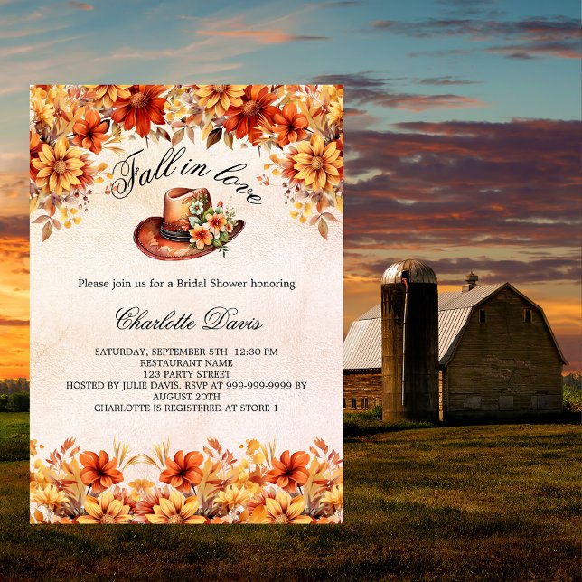 Bridal Shower fall in love cowgirl orange flowers Invitation Postcard (Creator Uploaded)