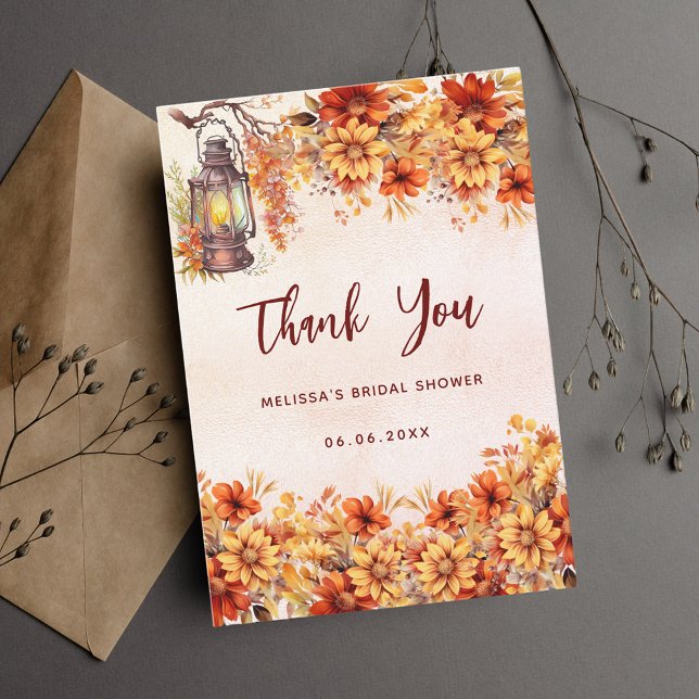 Bridal shower fall orange flowers lamp thank you card (Creator Uploaded)