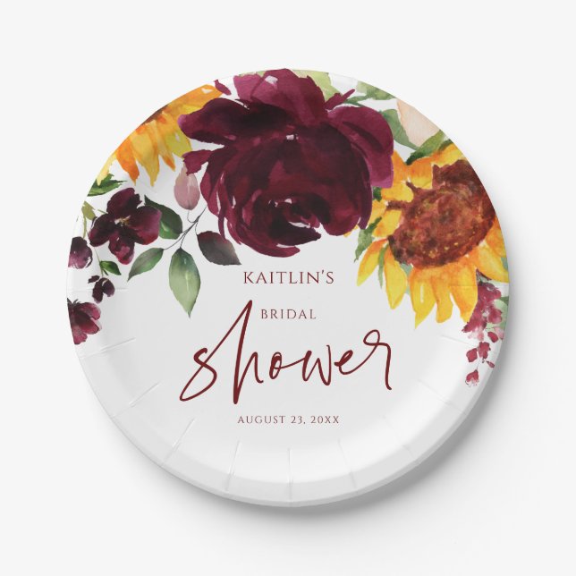 Bridal Shower Fall Sunflowers Burgundy Roses Paper Plate (Front)