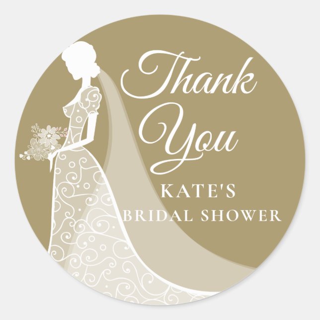 Bridal Shower Favour Gold and White Lace Gown Classic Round Sticker (Front)
