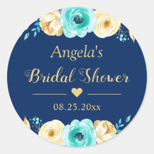 Bridal Shower Favour Navy Blue Mint Gold Floral Classic Round Sticker
