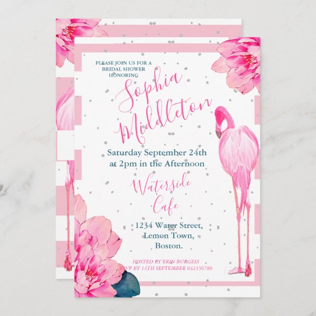 Bridal Shower Flamingo Pink Stripe Floral Chic Invitation (Front/Back)