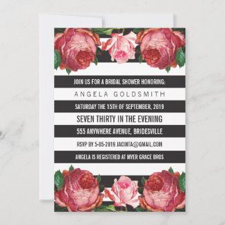 Bridal Shower Floral Black & White Stripes Invitation