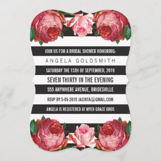 Bridal Shower Floral Black & White Stripes Invitation