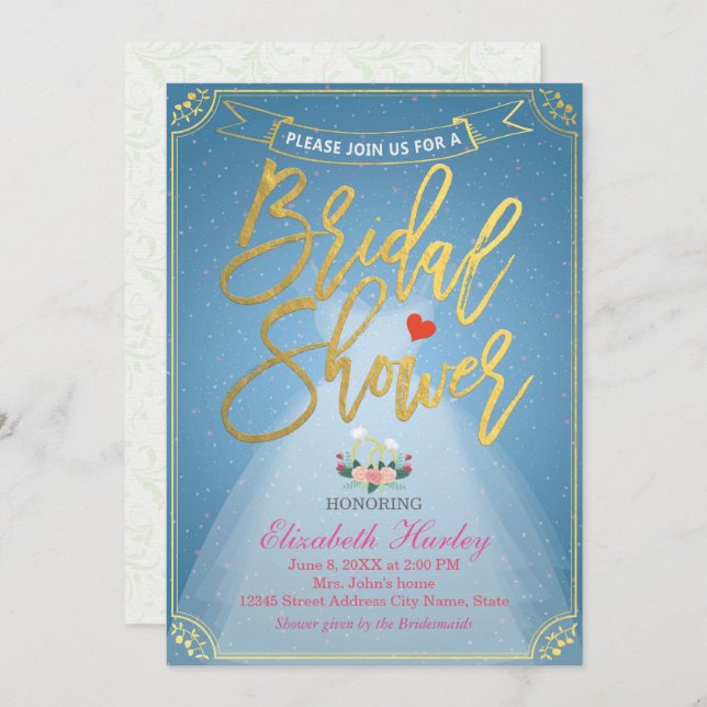 Bridal Shower Floral Bride Dress Diamond Ring Blue Invitation (Front/Back)