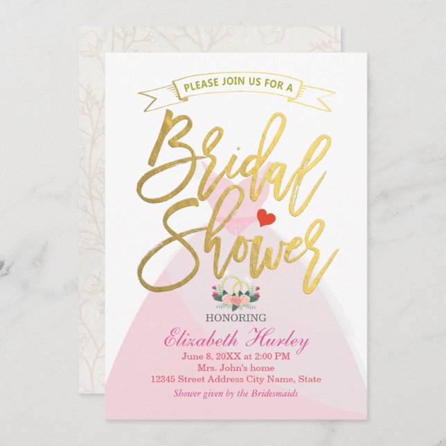 Bridal Shower Floral Bride Dress Diamond Ring Invitation (Front/Back)