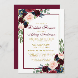 Bridal Shower Floral Burgundy Blue Gold Invite