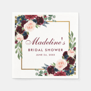 Bridal Shower Floral Burgundy Blue Gold White Napkin