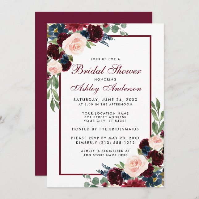 Bridal Shower Floral Burgundy Blue Invitation (Front/Back)