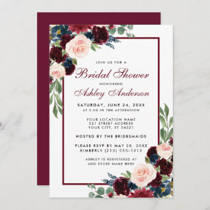 Bridal Shower Floral Burgundy Blue Invitation