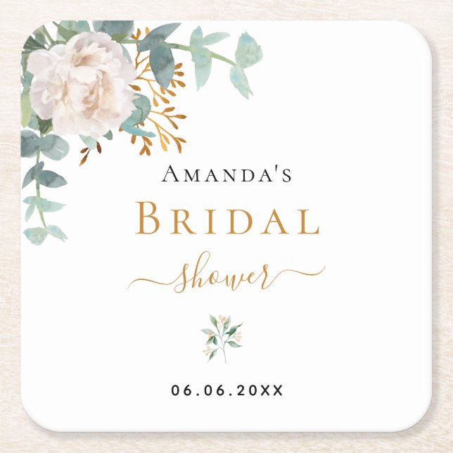 Bridal Shower floral eucalyptus greenery elegant Square Paper Coaster (Front)
