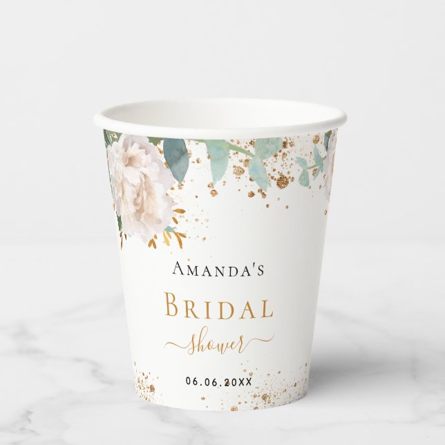 Bridal Shower floral eucalyptus greenery glitter Paper Cups (Front)