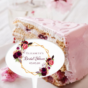 Bridal shower floral gold geometric burgundy name cake pick
