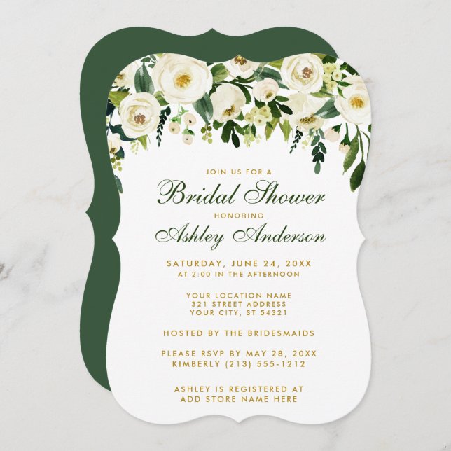 Bridal Shower Floral Green Gold Invite B (Front/Back)