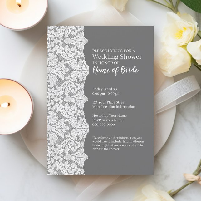 Bridal Shower: Floral Lace Pattern and grey Invitation (Bridal Shower Invitation - grey and white lace print)
