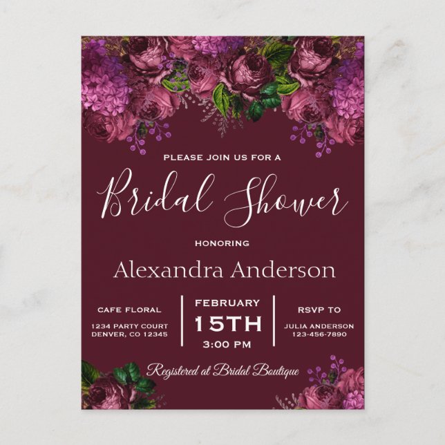 Bridal Shower Floral Marsala Burgundy Invitation Postcard (Front)