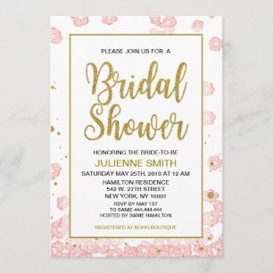 Bridal Shower Floral   Pink and Gold Glitter Invitation