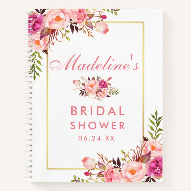 Bridal Shower Floral Pink Blush Gold Gift List Notebook (Front)