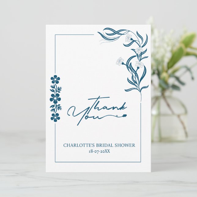 Bridal Shower floral & Typography Dark blue   Thank You Card (Standing Front)