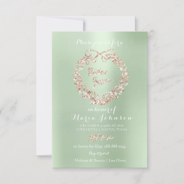 Bridal Shower Floral Wreath Mint  Pink Rose Gold Invitation (Front)