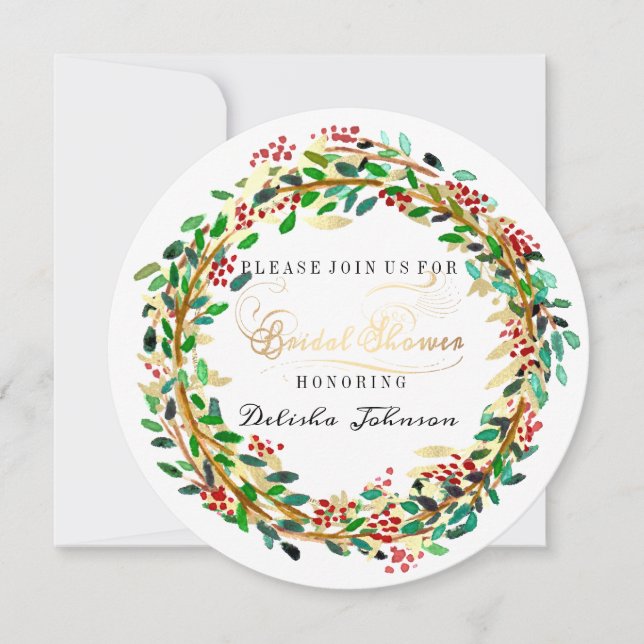 Bridal Shower Floral Wreath White Green Gold Invitation (Front)